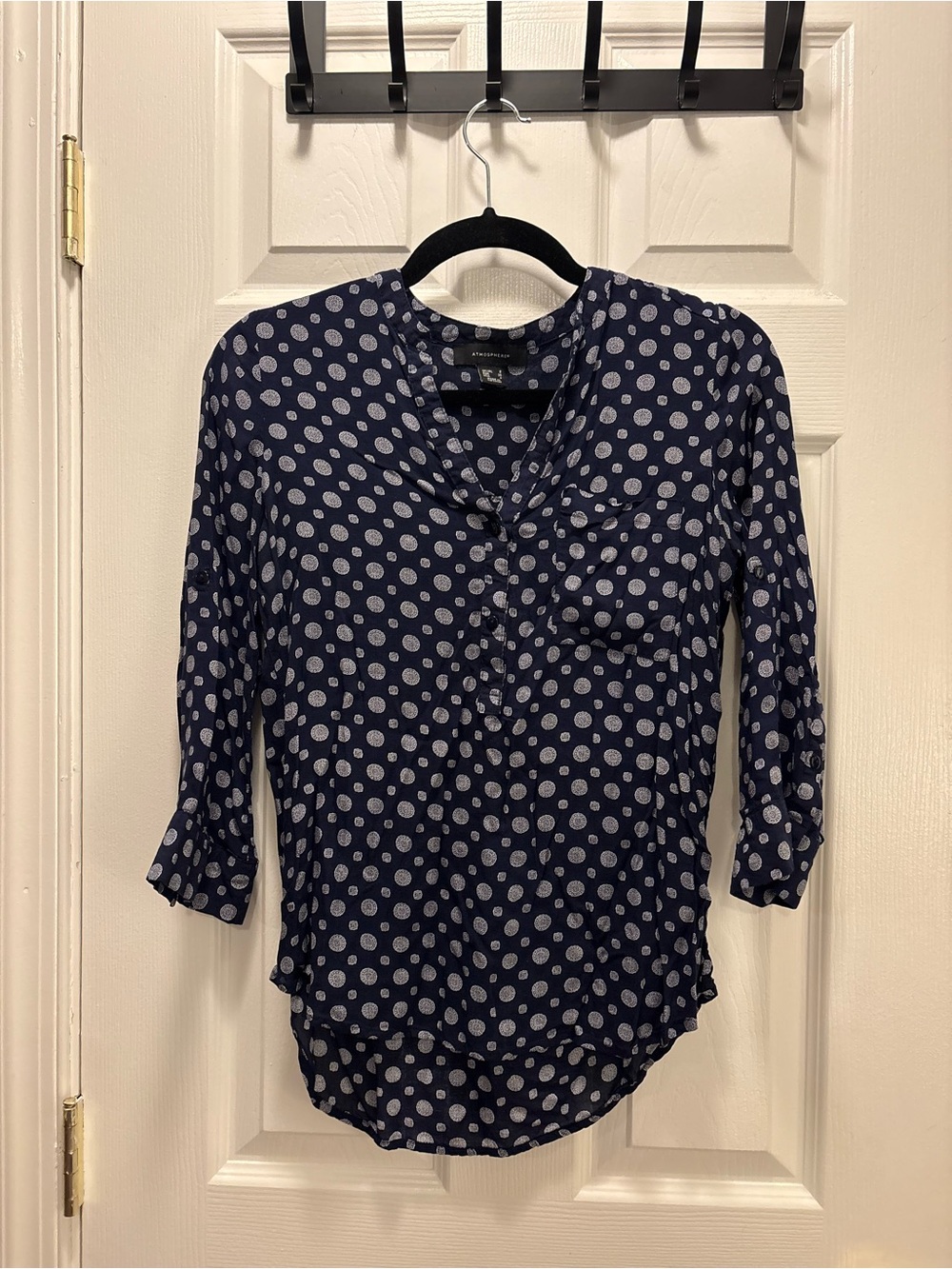 Atmosphere Navy and White Patterned V-Neck Blouse